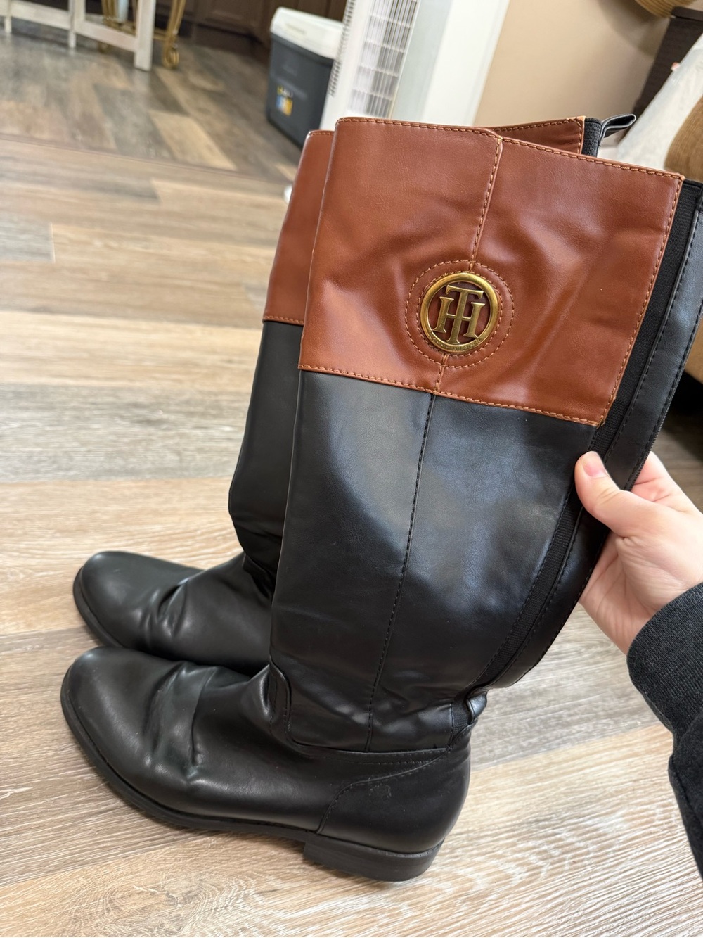 Tommy Hilfiger Black and Brown Leather Riding Boots